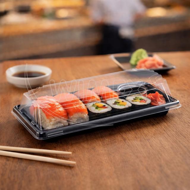 Miska na Sushi + víčko (PP/rPET) černá + průhledné 224 x 94 x 45 mm [50 sad]