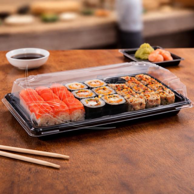 Miska na Sushi + víčko (PP/rPET) černá + průhledné 217 x 136 x 45 mm [50 sad]