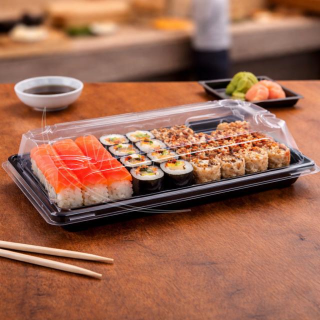 Miska na Sushi + víčko (PP/rPET) černá + průhledné 240 x 147 x 45 mm [50 sad]